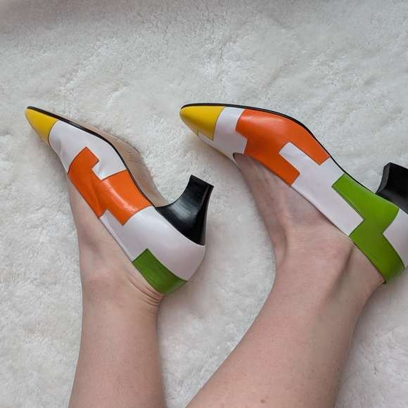Vintage 7.5 Colorful Italian Leather Patchwork Puzzle Piece Kitten Heels - Picture 8 of 9